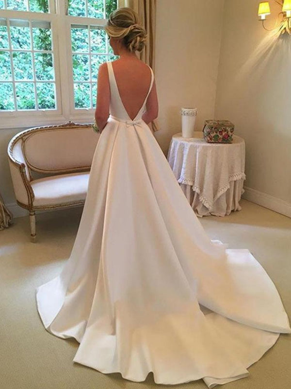 Bateau A Line Wedding Dress Sleeveless Satin Bridal Dress