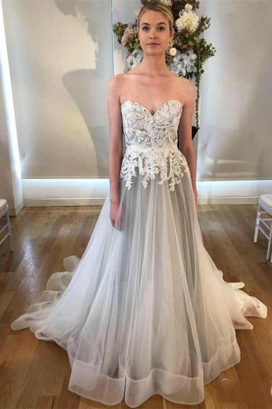Sweetheart A Line Silver Wedding Dress with Appliques