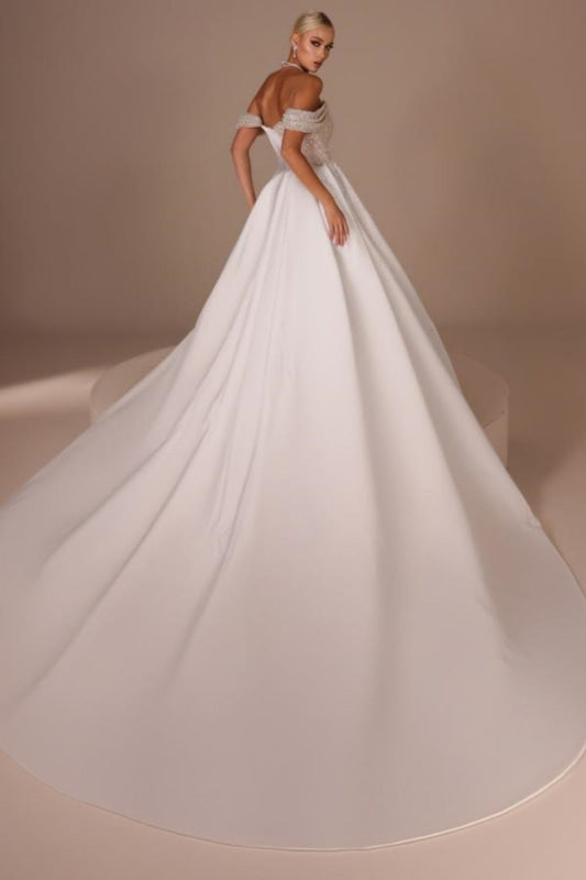 Chic Glitter Off-Shoulder Satin Mermaid Chapel Train Wedding Dress