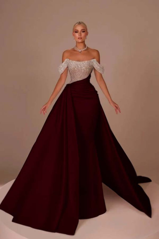 Chic Glitter Off-Shoulder Satin Mermaid Chapel Train Wedding Dress