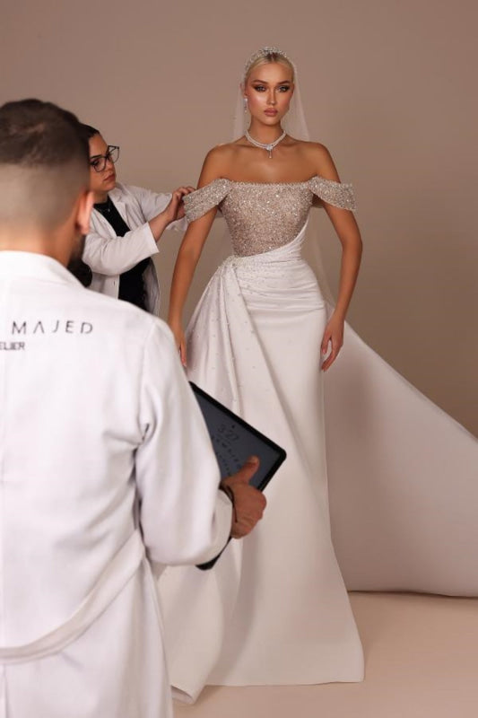 Chic Glitter Off-Shoulder Satin Mermaid Chapel Train Wedding Dress
