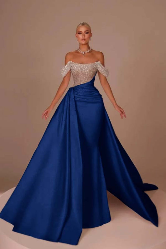 Chic Glitter Off-Shoulder Satin Mermaid Chapel Train Wedding Dress