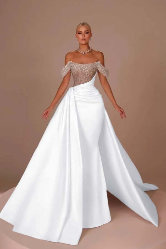 Chic Glitter Off-Shoulder Satin Mermaid Chapel Train Wedding Dress