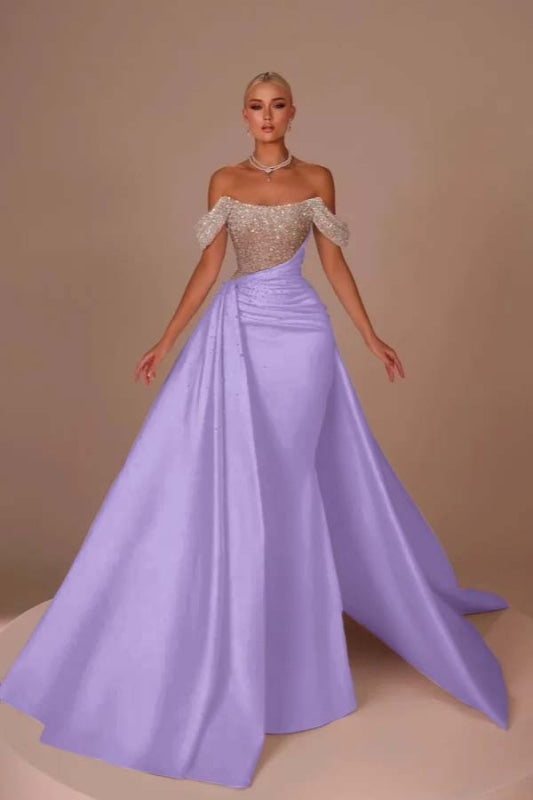 Chic Glitter Off-Shoulder Satin Mermaid Chapel Train Wedding Dress