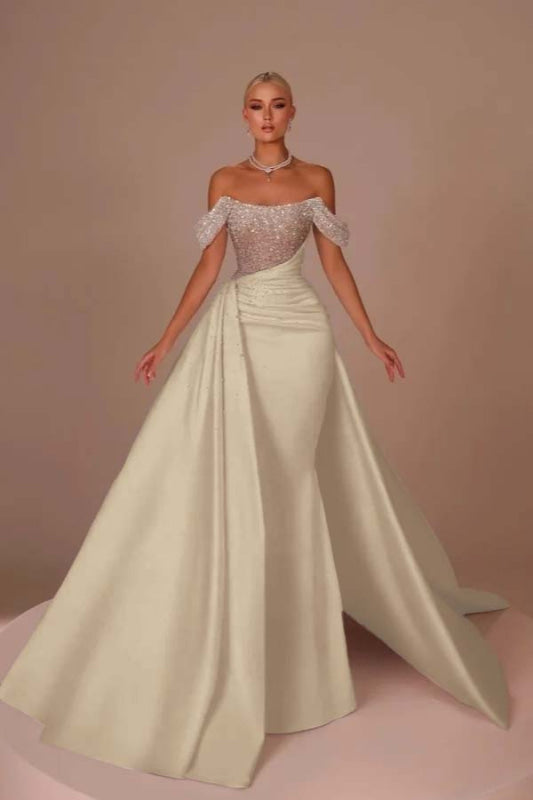 Chic Glitter Off-Shoulder Satin Mermaid Chapel Train Wedding Dress