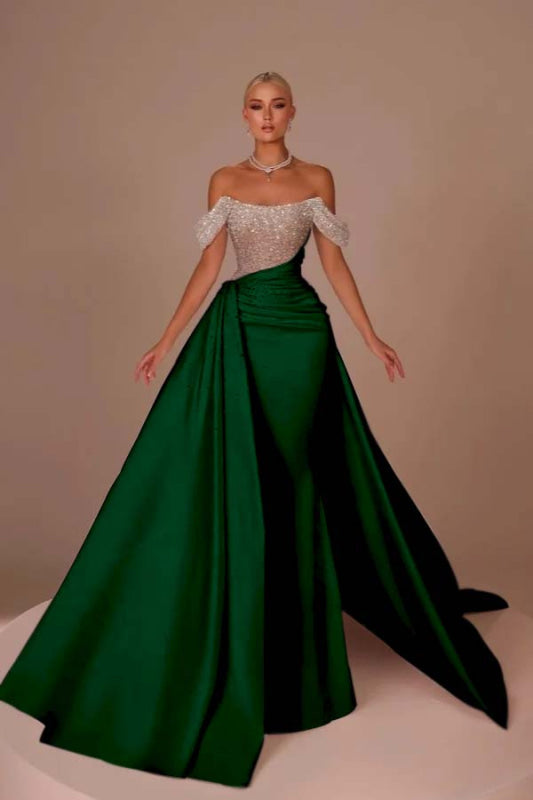 Chic Glitter Off-Shoulder Satin Mermaid Chapel Train Wedding Dress