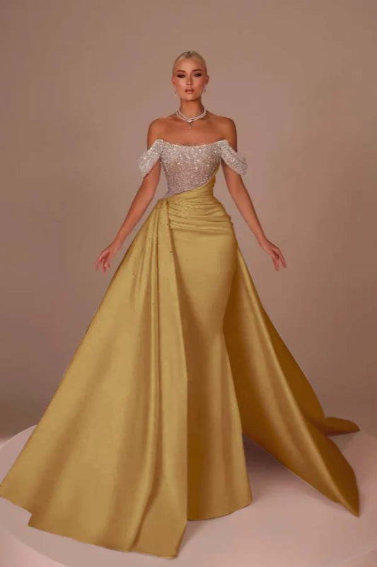Chic Glitter Off-Shoulder Satin Mermaid Chapel Train Wedding Dress