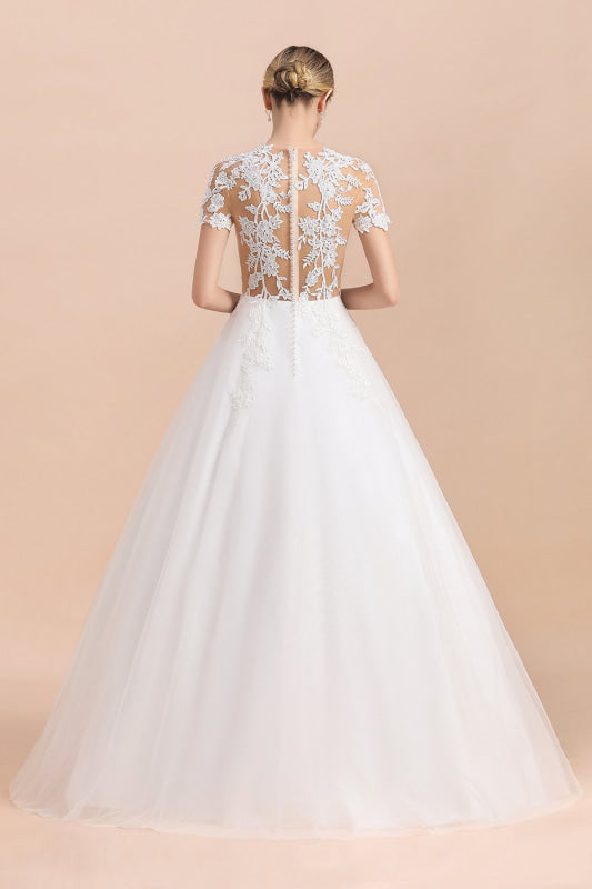 Chic Lace Tulle A-line Short Sleeve Wedding Dress