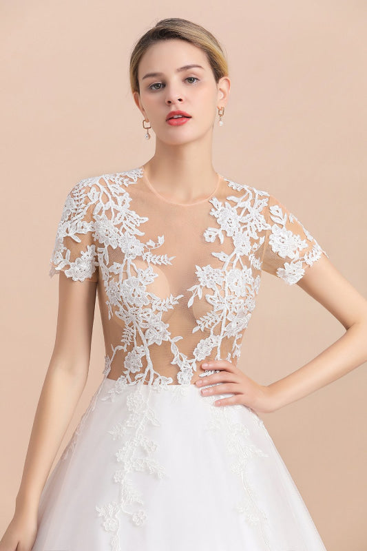 Chic Lace Tulle A-line Short Sleeve Wedding Dress