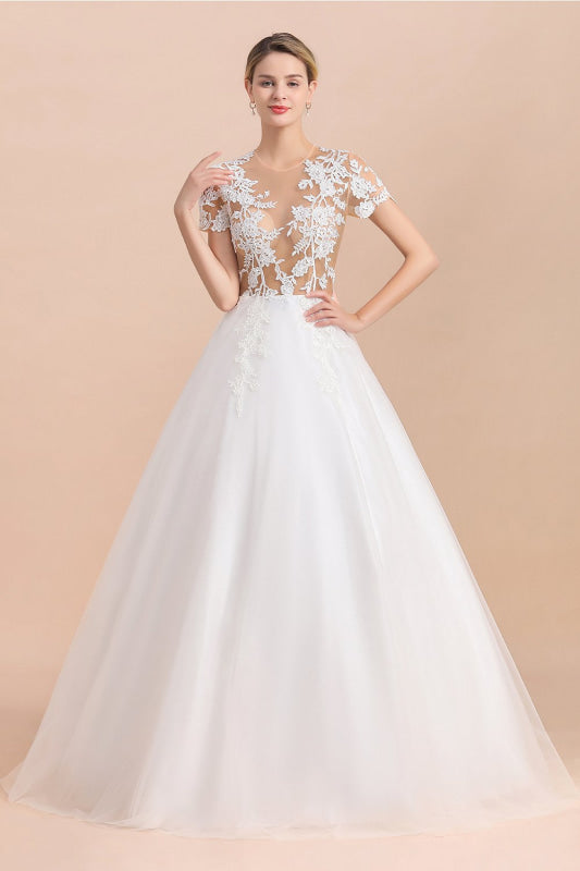 Chic Lace Tulle A-line Short Sleeve Wedding Dress