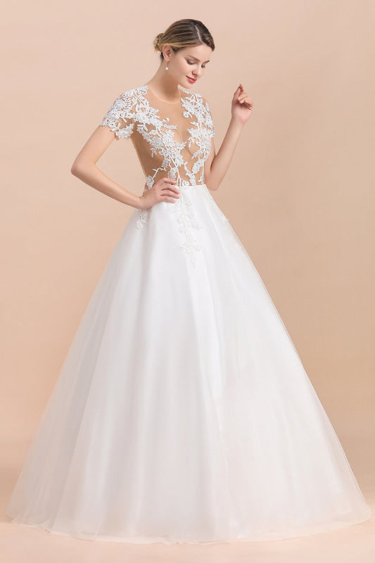 Chic Lace Tulle A-line Short Sleeve Wedding Dress