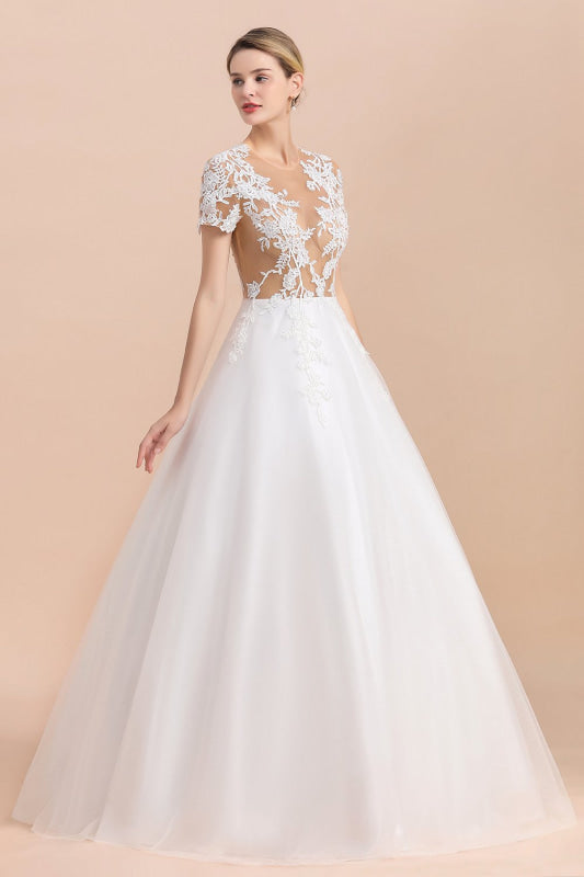 Chic Lace Tulle A-line Short Sleeve Wedding Dress