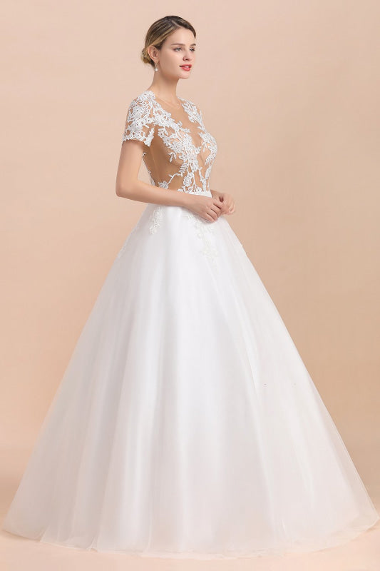 Chic Lace Tulle A-line Short Sleeve Wedding Dress
