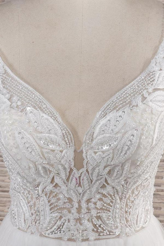 Chic Spaghetti Strap Appliques Tulle Wedding Dress