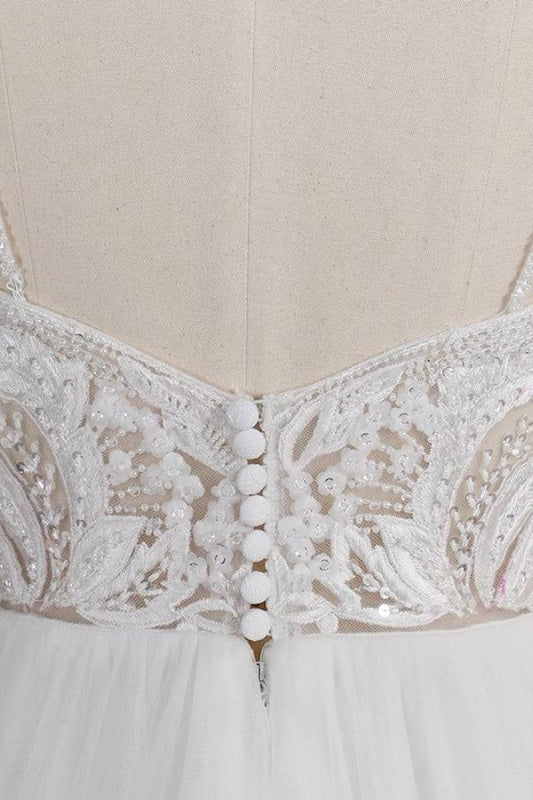 Chic Spaghetti Strap Appliques Tulle Wedding Dress