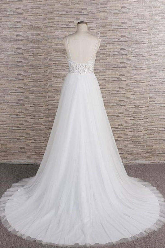 Chic Spaghetti Strap Appliques Tulle Wedding Dress