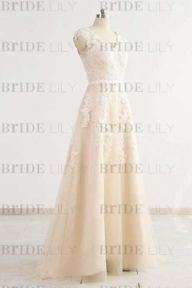 Chic V-neck Appliques A-line Tulle Wedding Dress