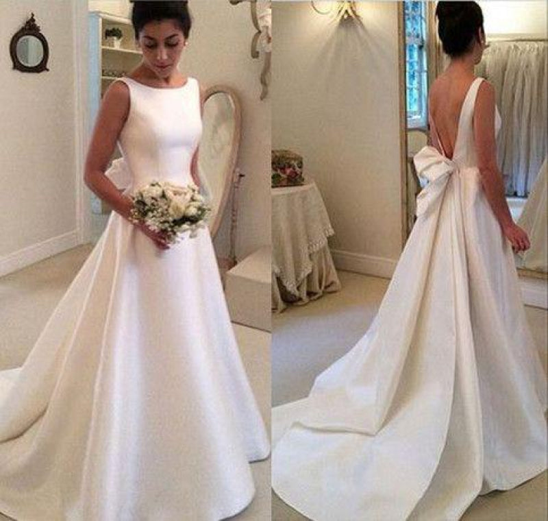 Classic Satin A Line Long Backless Wedding Dress