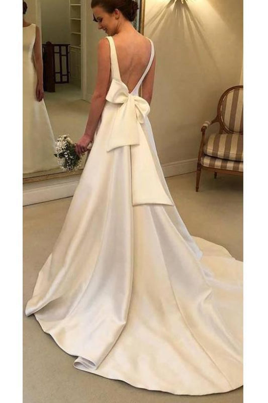 Classic Satin A Line Long Backless Wedding Dress