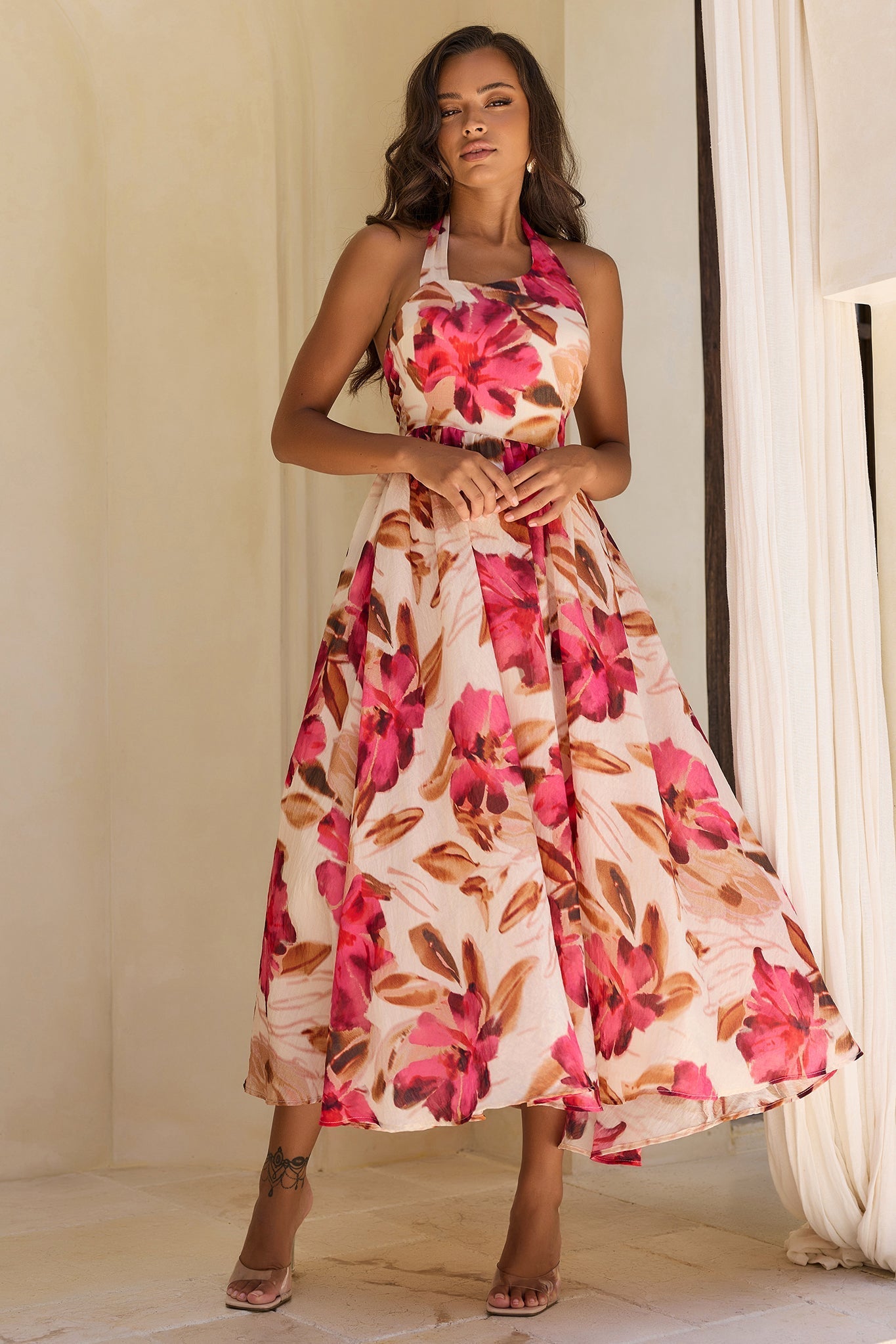 Crimson Whisper Woven Midi Dress - Wine Multi