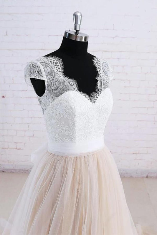 Cute Bow Lace V-neck Tulle A-line Wedding Dress