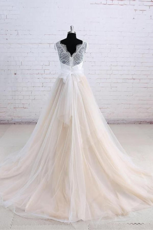 Cute Bow Lace V-neck Tulle A-line Wedding Dress