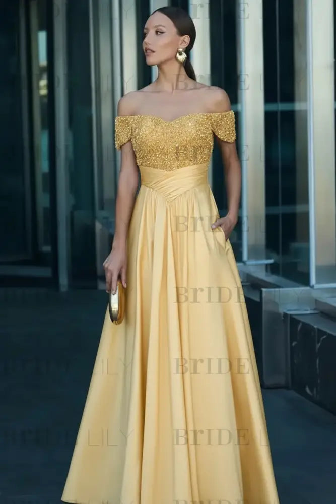 Off-the-Shoulder Dark Green Satin Aline Formal Dress with Beadings