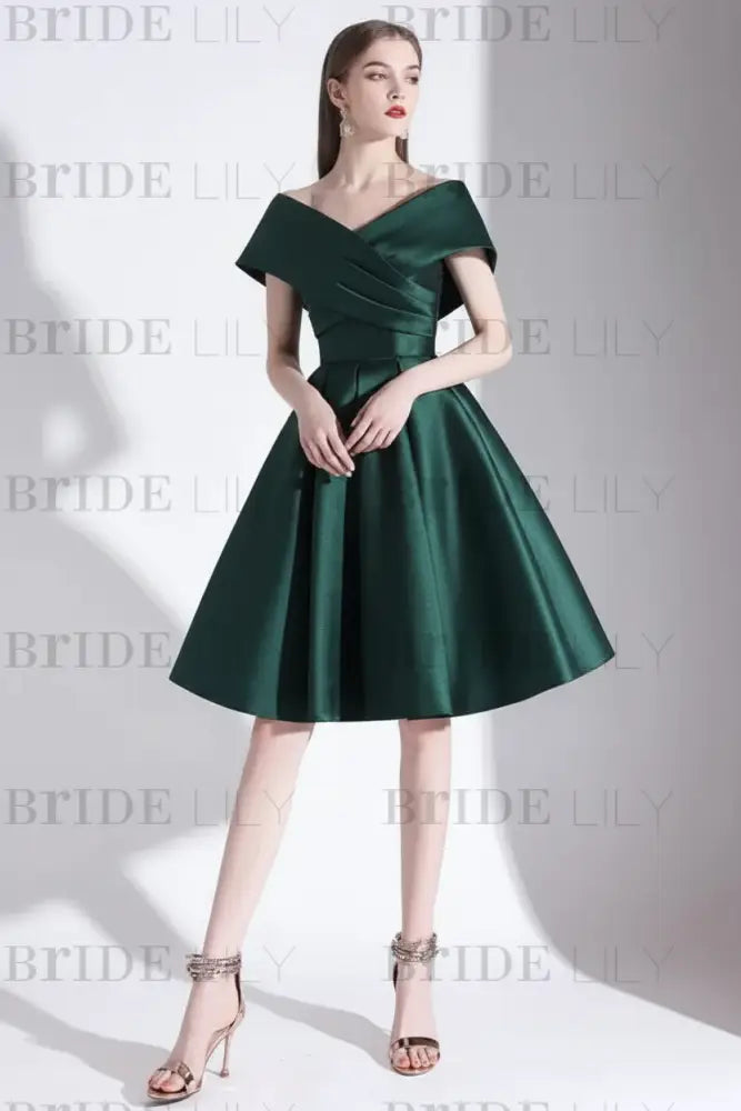 Off-the-Shoulder Knee-Length Evening Dress A-Line V-Neck Pleated Satin Cocktail Dress Little Black Dress