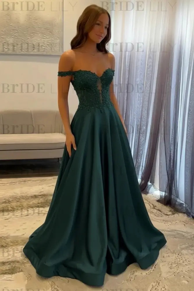 Off-the-Shoulder A-line Evening Dress Lace Prom Dress Long