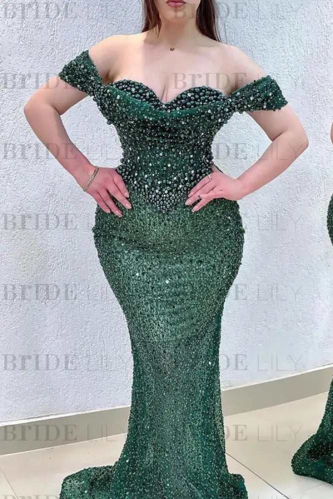 Dazzling Beaded Sweetheart Mermaid Evening Dress Sequins Off-Shoulder Prom Dress with Train