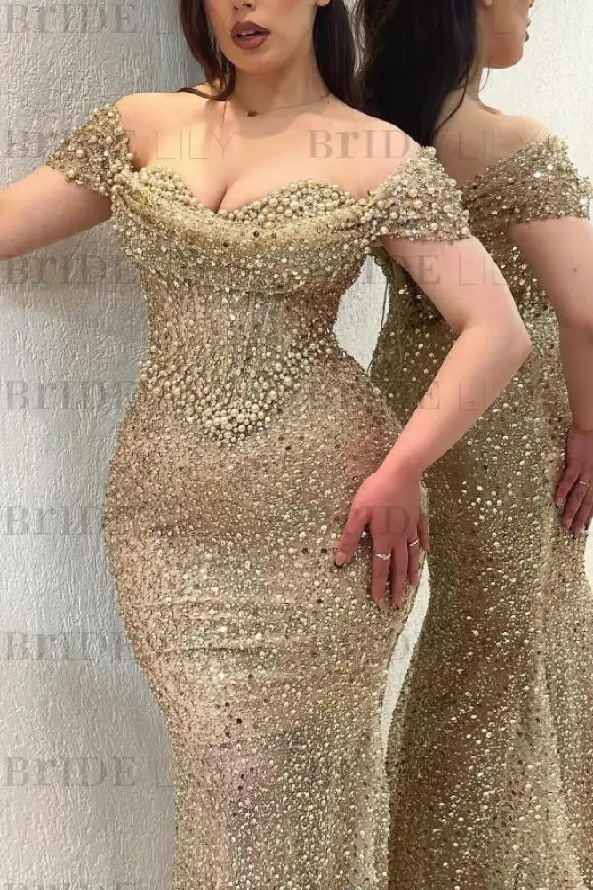 Dazzling Beaded Sweetheart Mermaid Evening Dress Sequins Off-Shoulder Prom Dress with Train