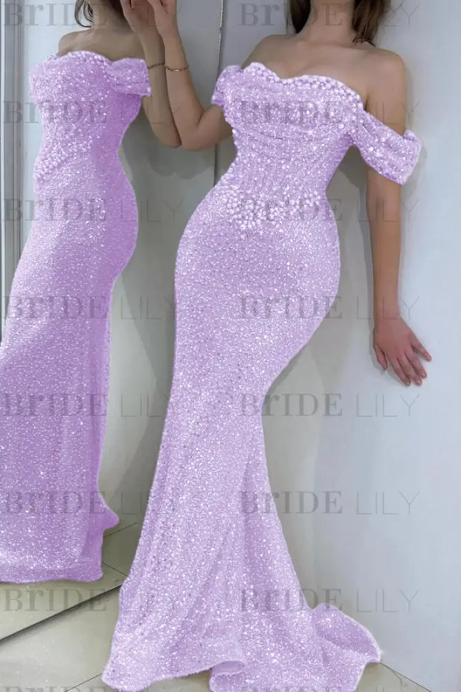 Dazzling Beaded Sweetheart Mermaid Evening Dress Sequins Off-Shoulder Prom Dress with Train