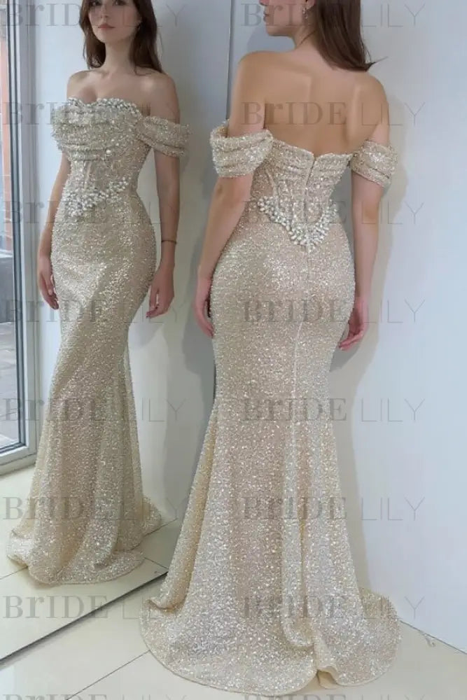 Dazzling Beaded Sweetheart Mermaid Evening Dress Sequins Off-Shoulder Prom Dress with Train
