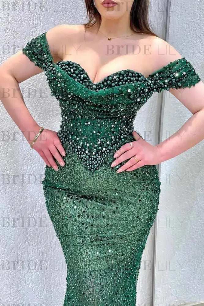 Dazzling Beaded Sweetheart Mermaid Evening Dress Sequins Off-Shoulder Prom Dress with Train