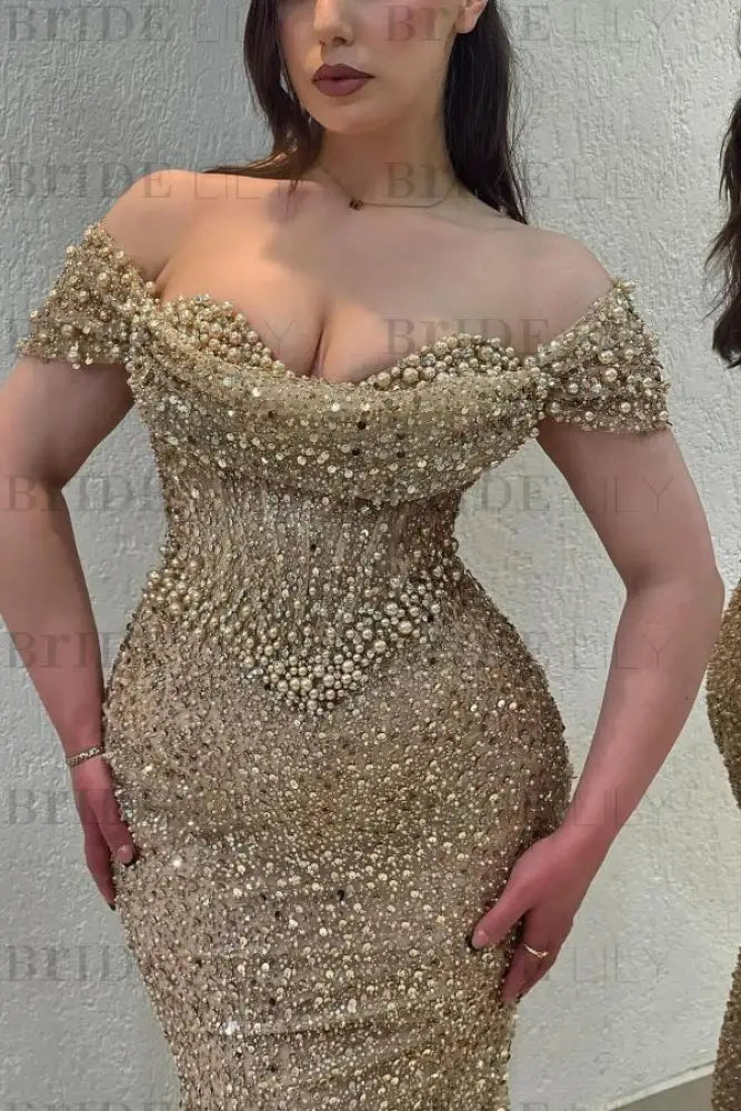 Dazzling Beaded Sweetheart Mermaid Evening Dress Sequins Off-Shoulder Prom Dress with Train