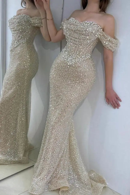 Dazzling Beaded Sweetheart Mermaid Evening Dress Sequins Off-Shoulder Prom Dress with Train