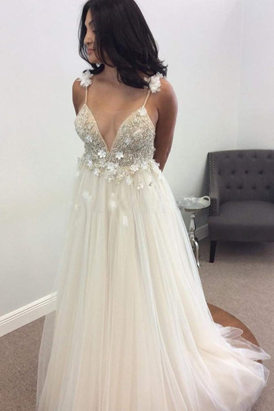Deep V-neck Beading Straps Tulle Appliques A-line Custom Beach Wedding Dress