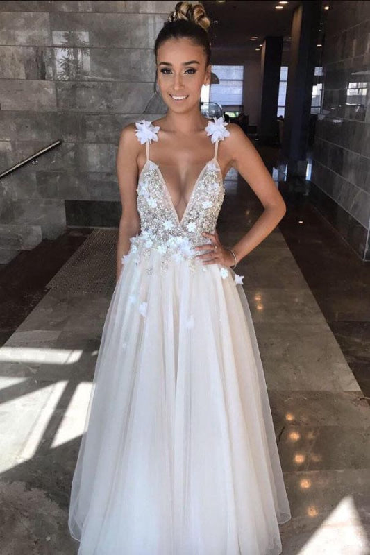 Deep V-neck Beading Straps Tulle Appliques A-line Custom Beach Wedding Dress