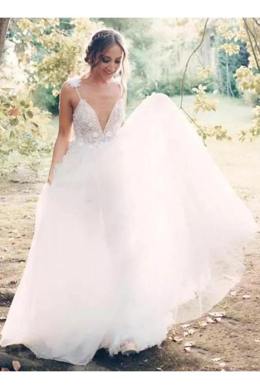 Deep V-neck Beading Straps Tulle Appliques A-line Custom Beach Wedding Dress