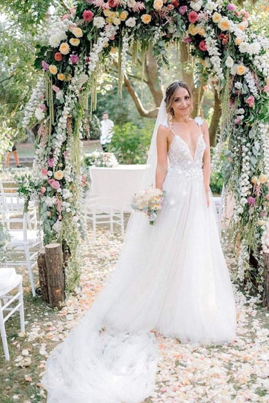 Deep V-neck Beading Straps Tulle Appliques A-line Custom Beach Wedding Dress