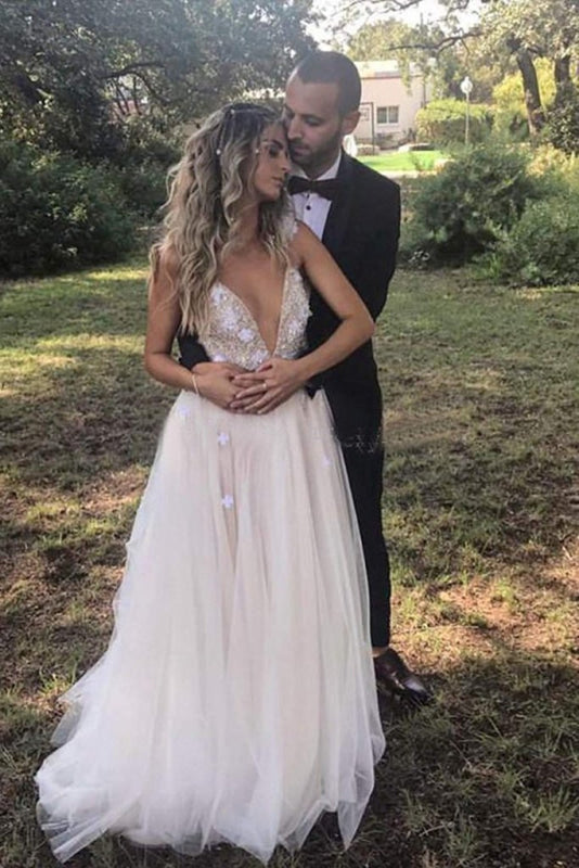 Deep V-neck Beading Straps Tulle Appliques A-line Custom Beach Wedding Dress