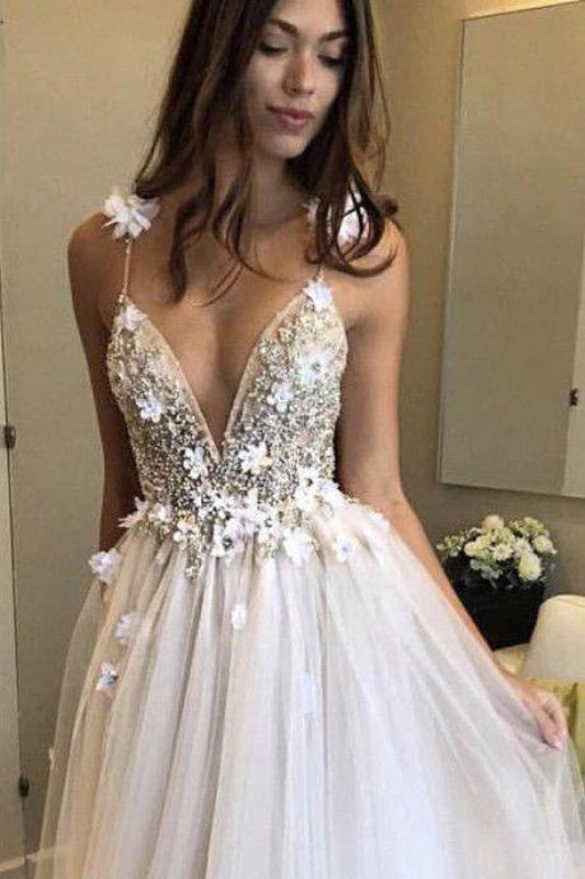Deep V-neck Beading Straps Tulle Appliques A-line Custom Beach Wedding Dress
