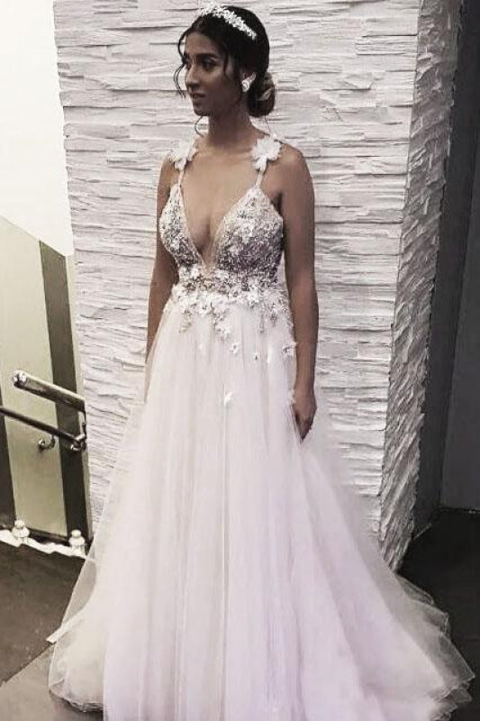 Deep V-neck Beading Straps Tulle Appliques A-line Custom Beach Wedding Dress