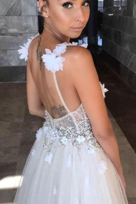 Deep V-neck Beading Straps Tulle Appliques A-line Custom Beach Wedding Dress