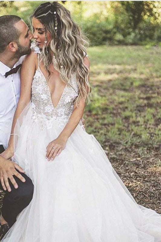 Deep V-neck Beading Straps Tulle Appliques A-line Custom Beach Wedding Dress