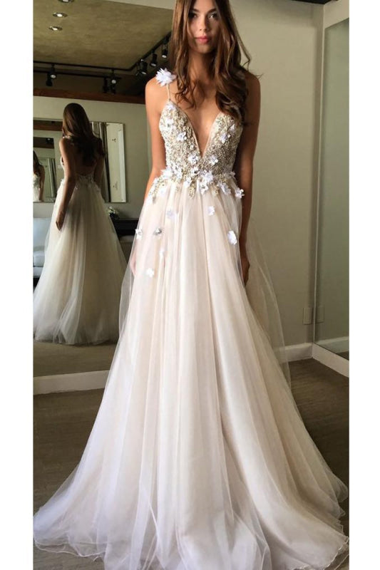Deep V-neck Beading Straps Tulle Appliques A-line Custom Beach Wedding Dress