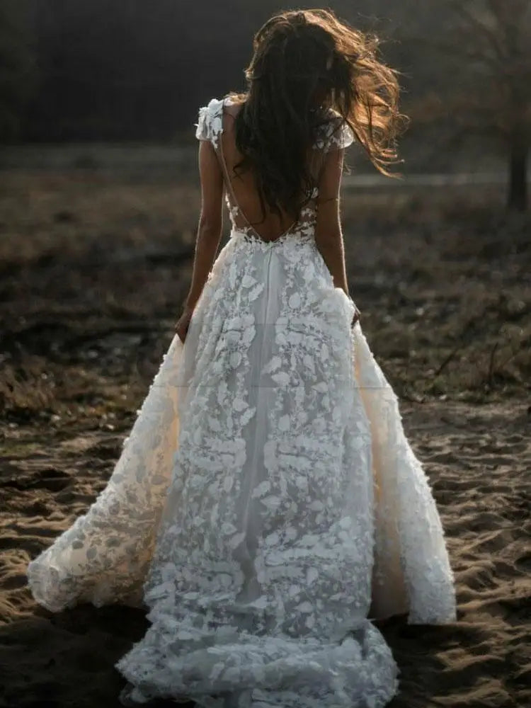 Deep V Neck Short Sleeve Backless A Line Wedding Dresses