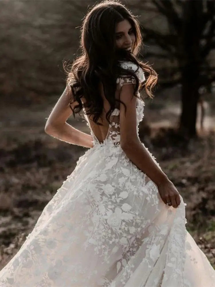 Deep V Neck Short Sleeve Backless A Line Wedding Dresses