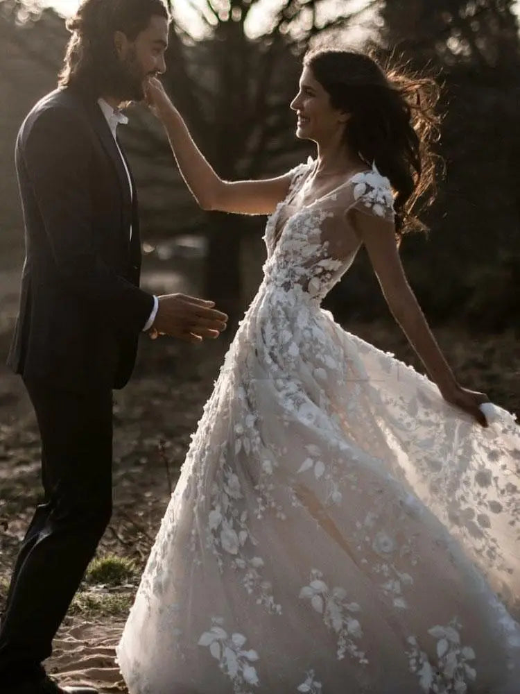 Deep V Neck Short Sleeve Backless A Line Wedding Dresses