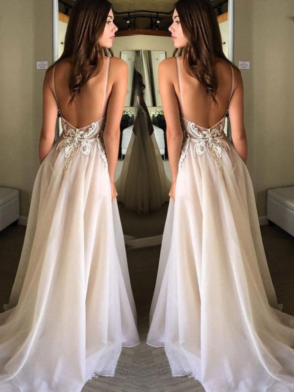 Deep V-neck Spaghetti Straps Lace Appliqued Beach Wedding Dress